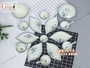 Set 6 đĩa lá gân men kem vẽ hoa Sen đen xếp cánh hoa