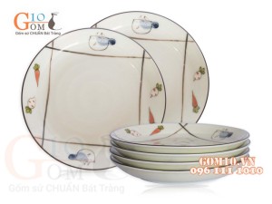 Bộ 6 Đĩa Tròn men kem vẽ Cà Rốt, đường kính 28cm