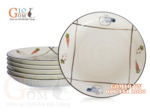 Bộ 6 Đĩa Tròn men kem vẽ Cà Rốt, đường kính 22cm