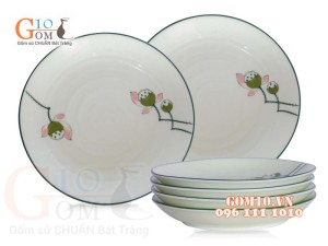 Bộ 6 Đĩa Tròn men kem vẽ Đài Sen, đường kính 26cm