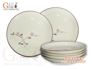 Bộ 6 Đĩa Tròn men kem vẽ Đào Phai, đường kính 28cm