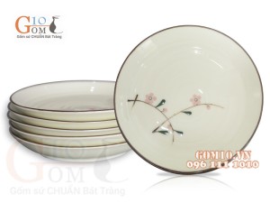 Bộ 6 Đĩa Tròn men kem vẽ Đào Phai, đường kính 22cm