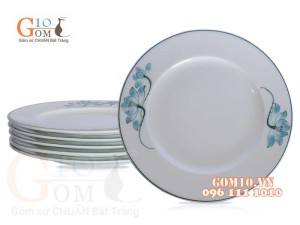 Bộ 6 Đĩa Tròn men trắng vẽ Sen Xanh, đường kính 22cm