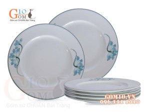 Bộ 6 Đĩa Tròn men trắng vẽ Sen Xanh, đường kính 28cm