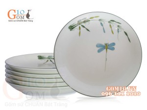 Bộ 6 Đĩa Tròn men trắng vẽ Trúc Chuồn, đường kính 26cm