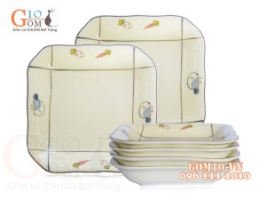 Bộ 6 Đĩa Vuông men kem vẽ Cà Rốt 18cm
