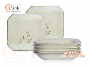 Bộ 6 Đĩa Vuông men kem vẽ Đào phai, 22cm