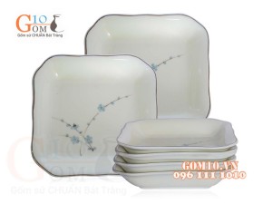 Bộ 6 Đĩa Vuông men kem vẽ Đào xanh, 22cm