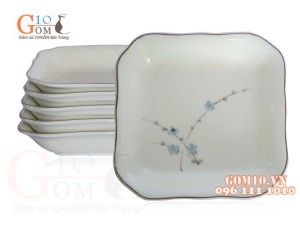 Bộ 6 Đĩa Vuông men kem vẽ Đào xanh, 18cm