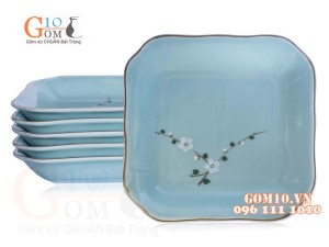 Bộ 6 Đĩa Vuông Ngọc Thanh Dương vẽ hoa đào, 18cm