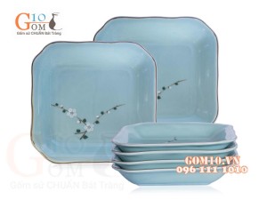 Bộ 6 Đĩa Vuông Ngọc Thanh Dương vẽ hoa đào, 22cm