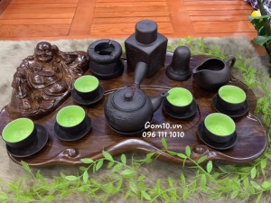 Bộ ấm chén gốm quai ngang đắp đào đen đầy đủ phụ kiện, 300ml