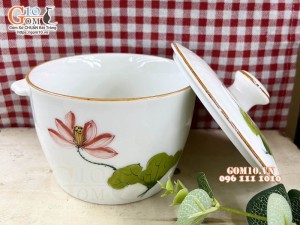 Thố chưng yến men kem vẽ Sen đỏ chỉ nâu, 650ml