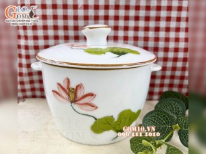 Thố chưng yến men kem vẽ Sen đỏ chỉ nâu, 650ml