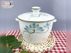 Thố chưng yến men trắng kem vẽ hoa sen xanh, 650ml