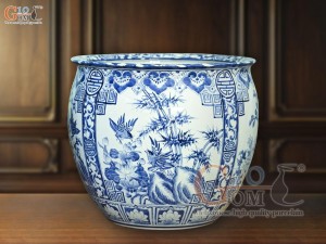 Thống men lam cổ vẽ tứ cảnh Tùng Cúc Trúc Mai, đường kính 39cm