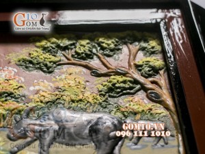 Tranh gốm đất đỏ họa tiết chăn trâu, 45x55cm