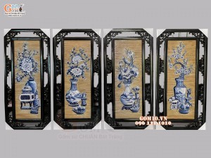 Tranh sứ bộ đắp nổi cổ đồ phú quý tràm, nền mành 100x50cm