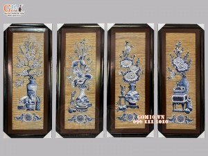 Tranh sứ bộ đắp nổi cổ đồ phú quý nền mành, 115x50cm