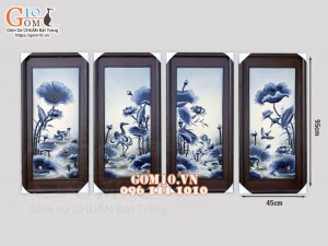 Tranh sứ bộ Phú Quý Trường Thọ men chàm cổ, 95x45cm