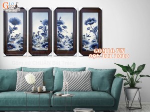 Tranh sứ bộ Phú Quý Trường Thọ men chàm cổ, 95x45cm