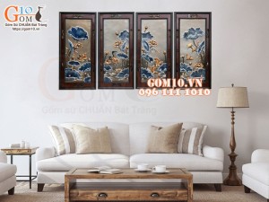 Tranh sứ bộ Phú Quý Trường Thọ men xanh ngọc cổ, 95x45cm