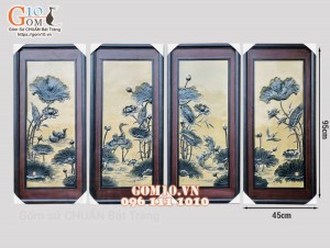 Tranh sứ bộ Phú Quý Trường Thọ men xanh rêu cổ, 95x45cm