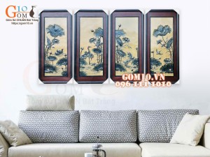 Tranh sứ bộ Phú Quý Trường Thọ men xanh rêu cổ, 95x45cm