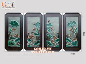 Tranh sứ bộ Phú Quý Trường Thọ men xanh ngọc, 95x45cm