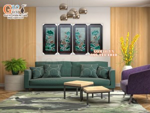 Tranh sứ bộ Phú Quý Trường Thọ men xanh ngọc, 95x45cm