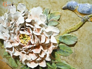 Tranh sứ cao cấp đắp nổi Chim Hoa, đường kính 46cm