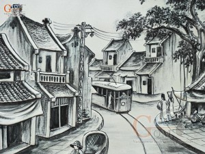 Tranh sứ cao cấp đắp nổi Phố Cổ, 60x90cm