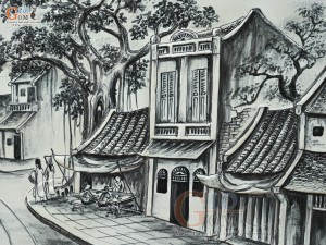 Tranh sứ cao cấp đắp nổi Phố Cổ, 60x90cm