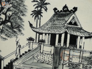 Tranh sứ cao cấp đen trắng vẽ cảnh Chùa Một Cột, 33x23cm