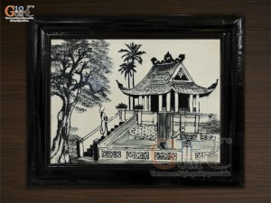 Tranh sứ cao cấp đen trắng vẽ cảnh Chùa Một Cột, 22x18cm