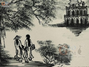 Tranh sứ cao cấp đen trắng vẽ cảnh Hồ Gươm, 33x23cm