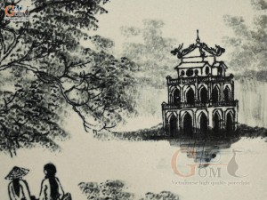 Tranh sứ cao cấp đen trắng vẽ cảnh Hồ Gươm, 33x23cm