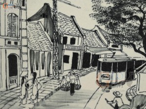 Tranh sứ cao cấp đen trắng vẽ cảnh Phố Cổ, 33x23cm