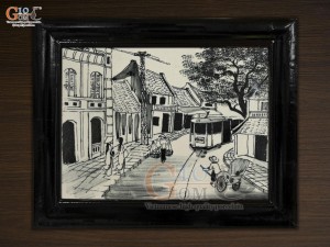 Tranh sứ cao cấp đen trắng vẽ cảnh Phố Cổ, 33x23cm