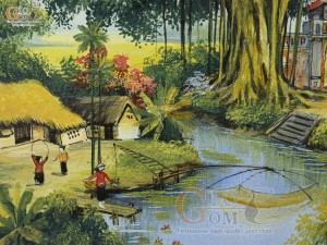 Tranh sứ cao cấp men rạn vẽ Bóng nước Quê nhà, 60x90cm