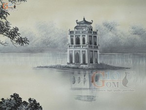 Tranh sứ cao cấp vẽ cảnh Chiều Bên Hồ, 60x90cm