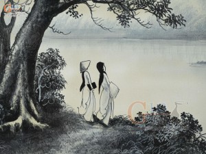 Tranh sứ cao cấp vẽ cảnh Chiều Bên Hồ, 60x90cm