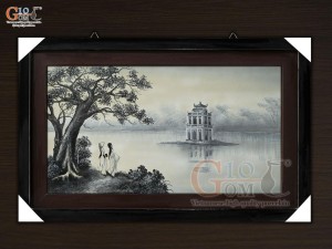 Tranh sứ cao cấp vẽ cảnh Chiều Bên Hồ, 60x90cm