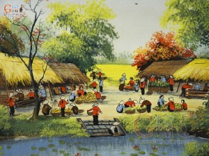 Tranh sứ cao cấp vẽ cảnh Chợ Quê, 60x90cm