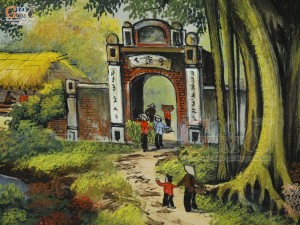 Tranh sứ cao cấp vẽ cảnh Chợ Quê, 60x90cm