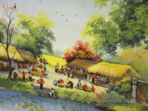 Tranh sứ cao cấp vẽ cảnh Chợ Quê, 60x90cm