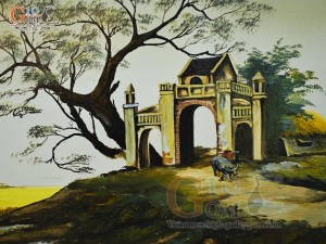 Tranh sứ cao cấp vẽ cảnh Cổng Làng, 68x128cm