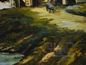 Tranh sứ cao cấp vẽ cảnh Cổng Làng, 68x128cm