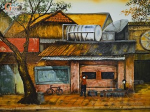 Tranh sứ cao cấp vẽ cảnh góc Phố xưa, 68x128cm
