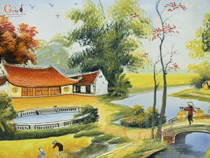 Tranh sứ cao cấp vẽ cảnh Làng Quê, 60x90cm